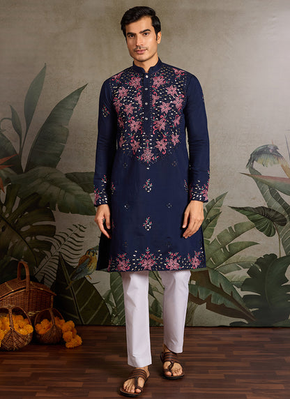 Viscose Silk Navy Blue Festival Wear Mirror Work Readymade Kurta