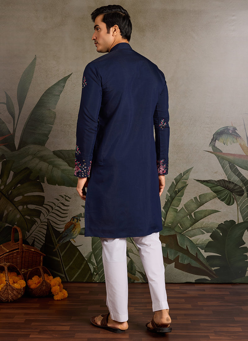 Viscose Silk Navy Blue Festival Wear Mirror Work Readymade Kurta