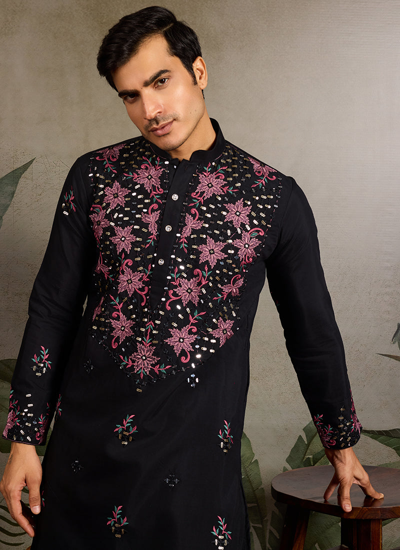 Viscose Silk Black Festival Wear Mirror Work Readymade Kurta