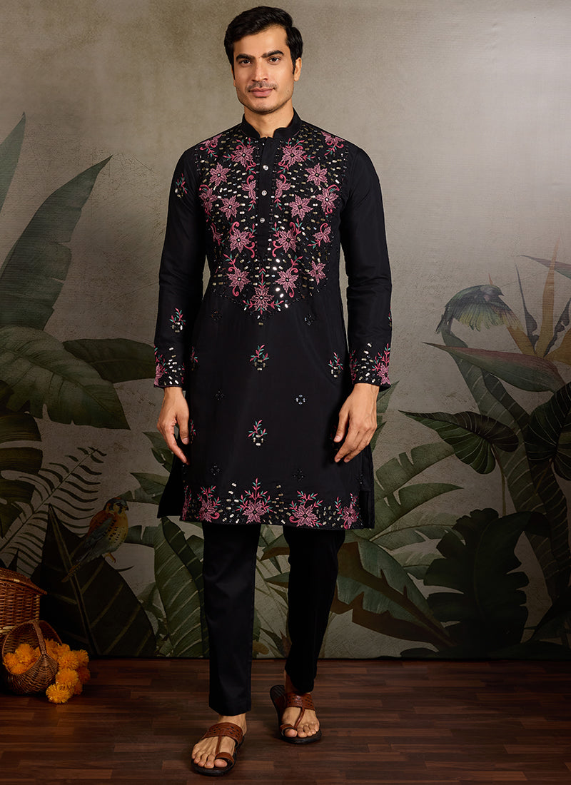Viscose Silk Black Festival Wear Mirror Work Readymade Kurta