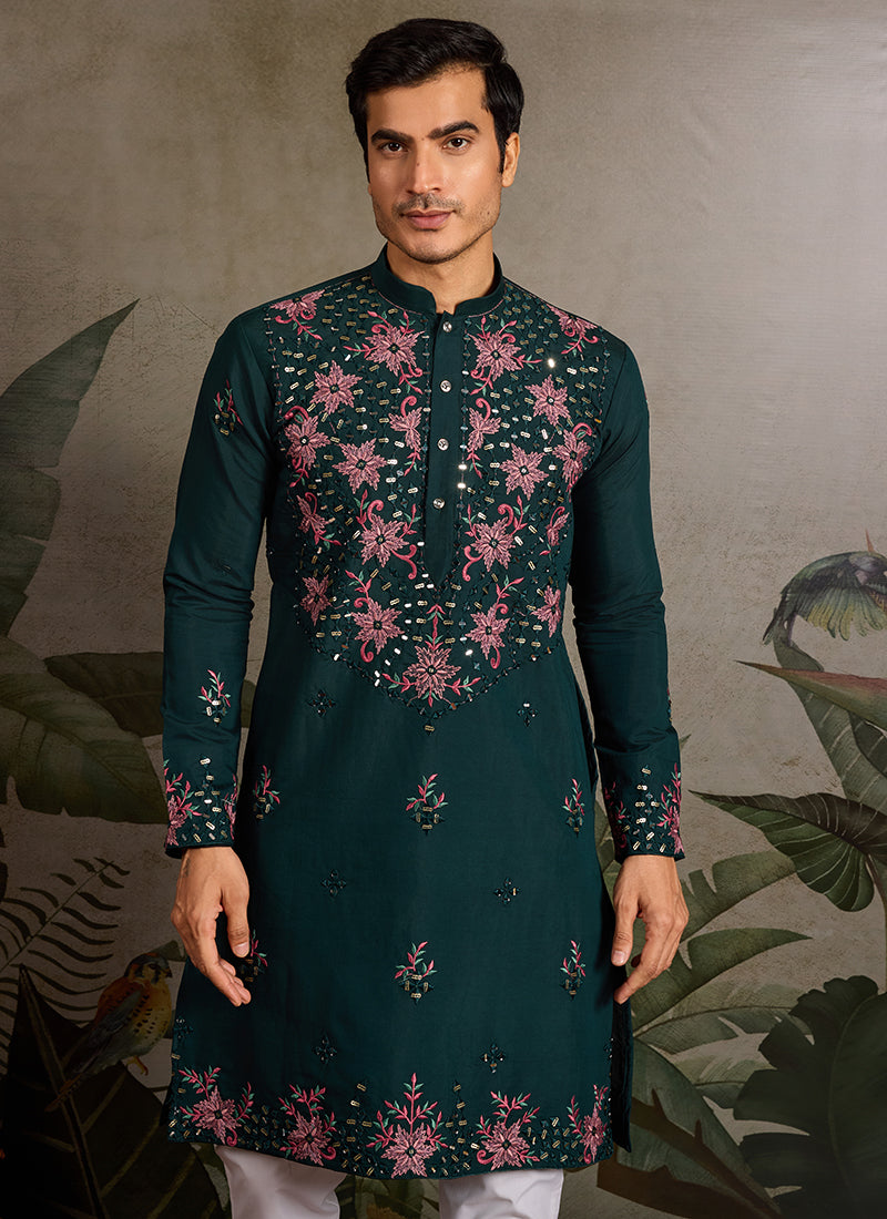 Viscose Silk Dark Green Festival Wear Mirror Work Readymade Kurta