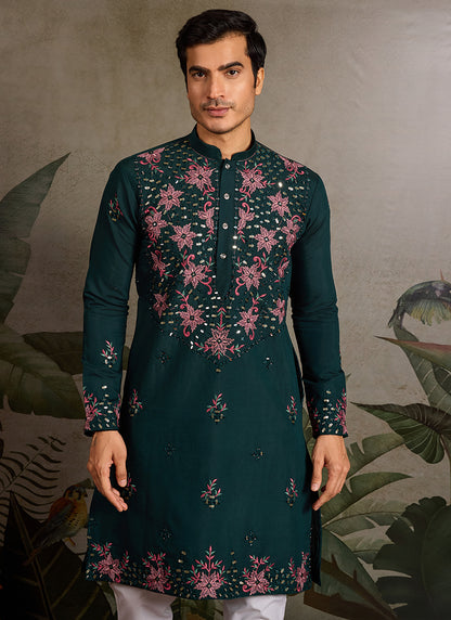 Viscose Silk Dark Green Festival Wear Mirror Work Readymade Kurta