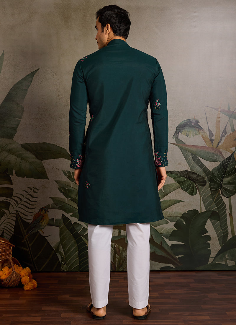 Viscose Silk Dark Green Festival Wear Mirror Work Readymade Kurta
