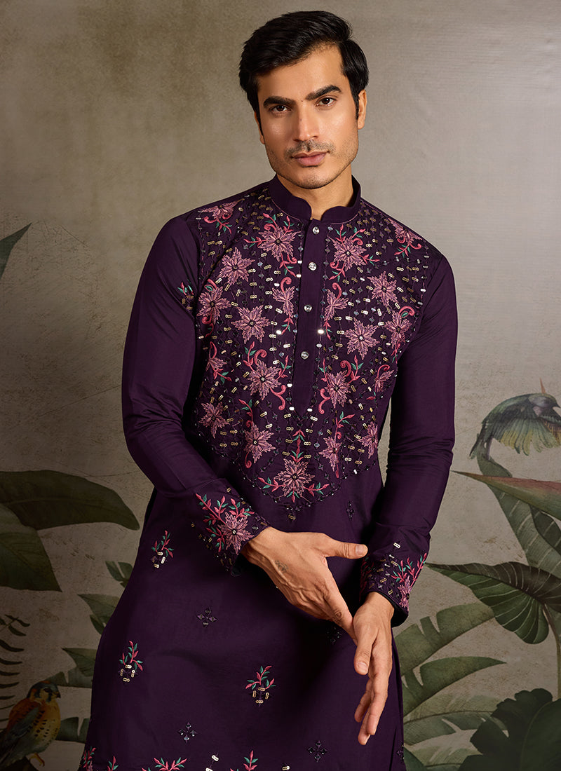 Viscose Silk Purple Festival Wear Mirror Work Readymade Kurta