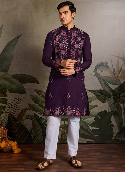 Viscose Silk Purple Festival Wear Mirror Work Readymade Kurta