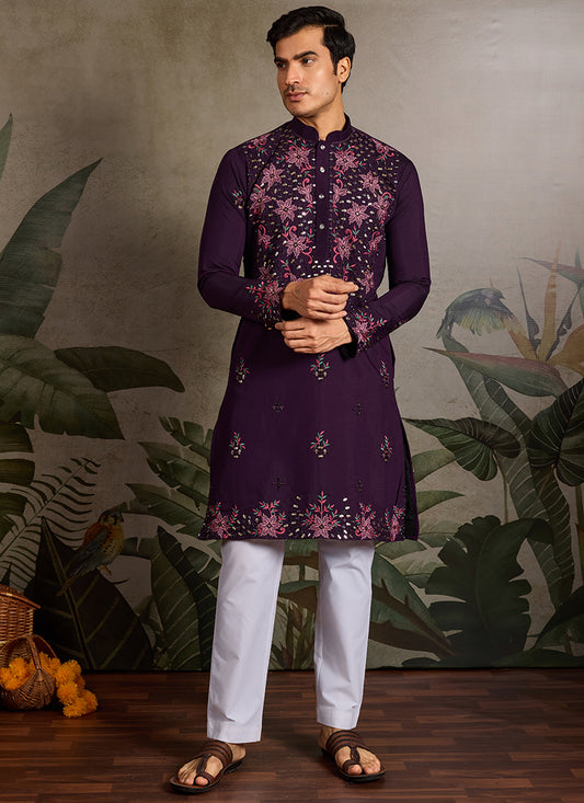 Viscose Silk Purple Festival Wear Mirror Work Readymade Kurta