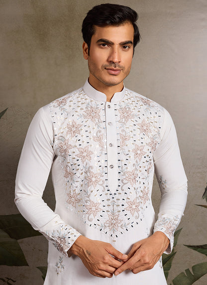 Viscose Silk White Festival Wear Mirror Work Readymade Kurta