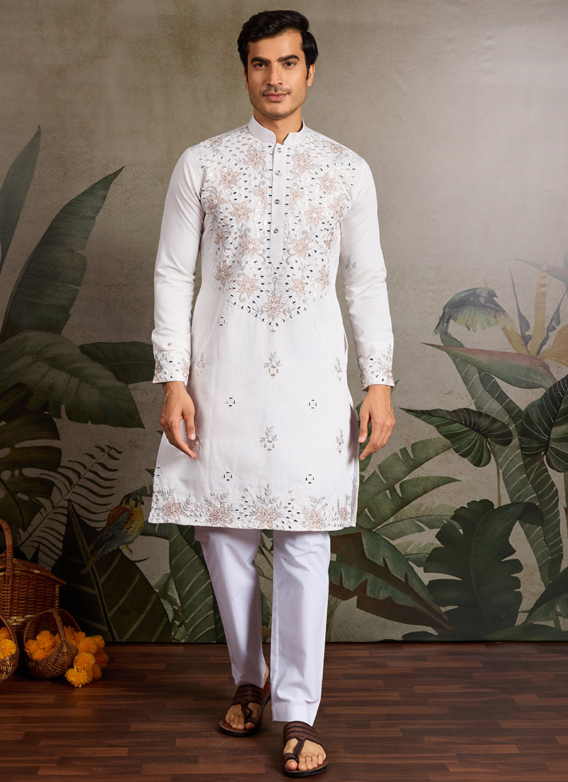 Viscose Silk White Festival Wear Mirror Work Readymade Kurta