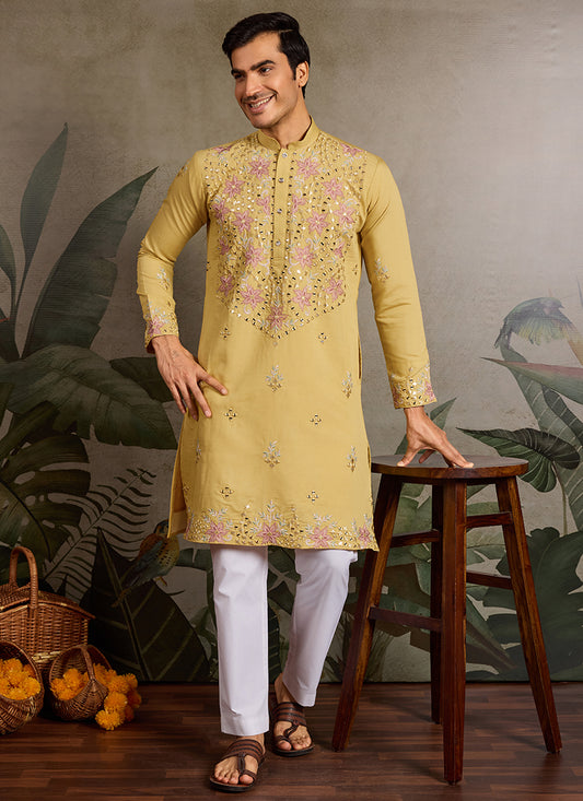 Viscose Silk Yellow Festival Wear Mirror Work Readymade Kurta
