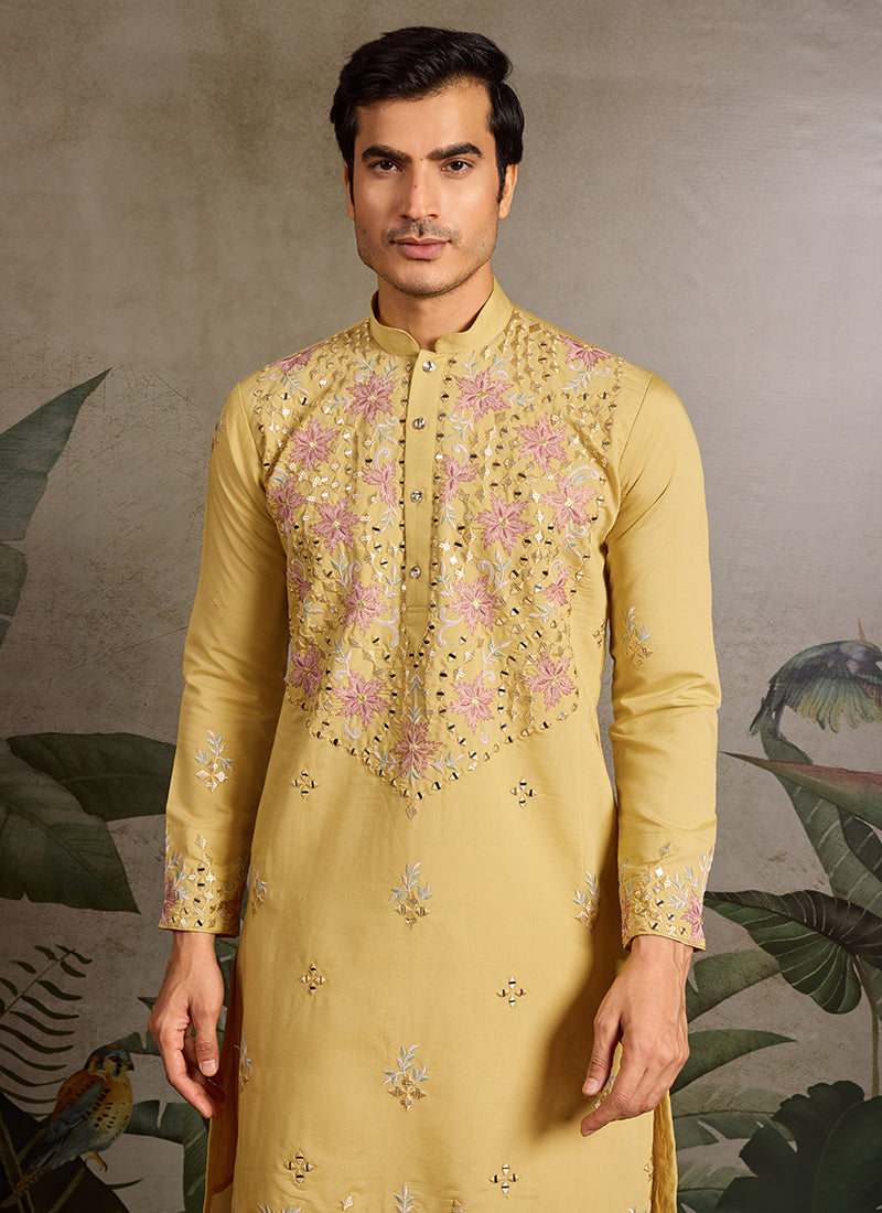 Viscose Silk Yellow Festival Wear Mirror Work Readymade Kurta