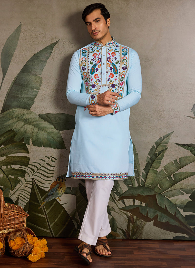 Viscose Light Blue Festival Wear Sequin Embroidery Readymade Kurta