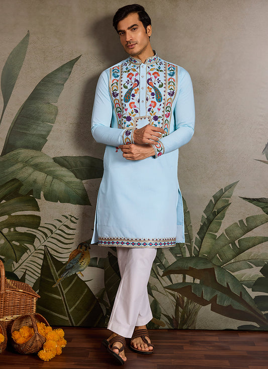 Viscose Light Blue Festival Wear Sequin Embroidery Readymade Kurta
