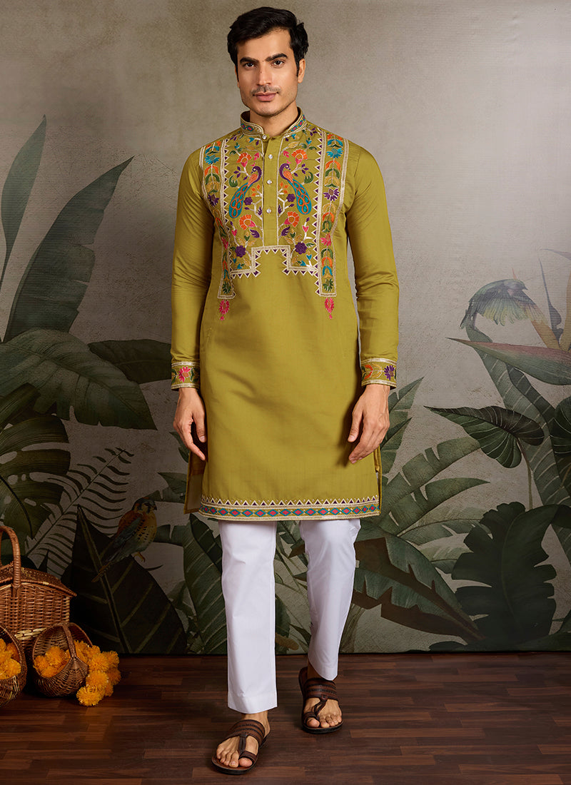 Viscose Olive Traditional Wear Sequin Work Readymade Kurta