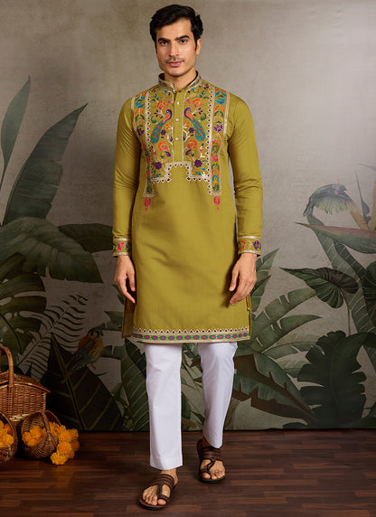 Viscose Olive Traditional Wear Sequin Work Readymade Kurta