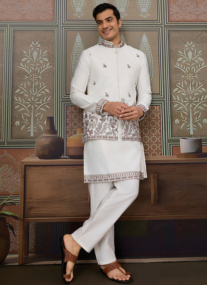 Silk White Occasional Wear Thread Work Readymade Kurta Pajama With Jacket 386340