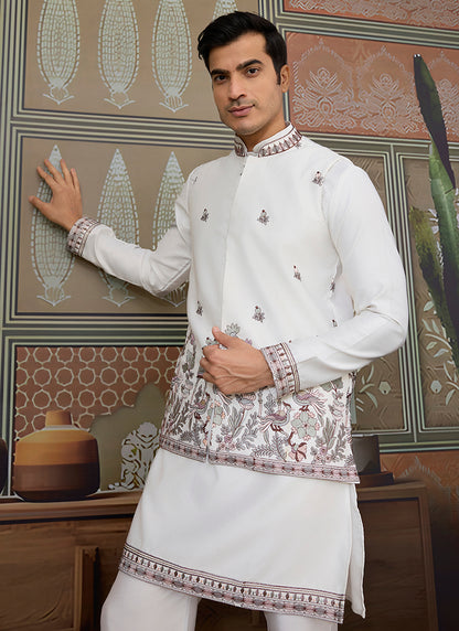 Silk White Occasional Wear Thread Work Readymade Kurta Pajama With Jacket 386340