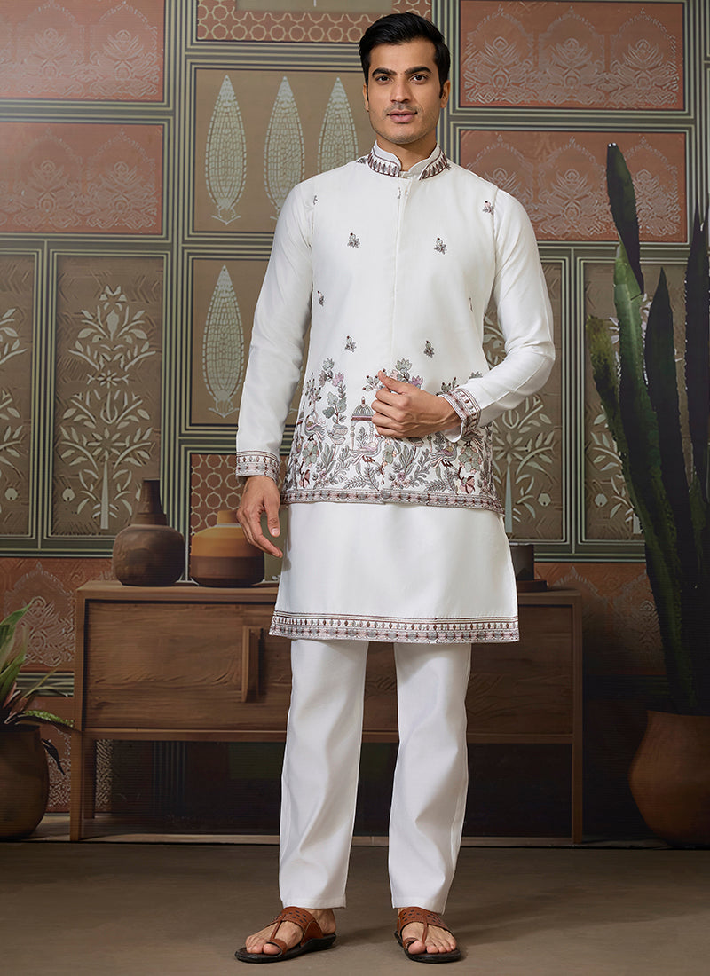 Silk White Occasional Wear Thread Work Readymade Kurta Pajama With Jacket 386340