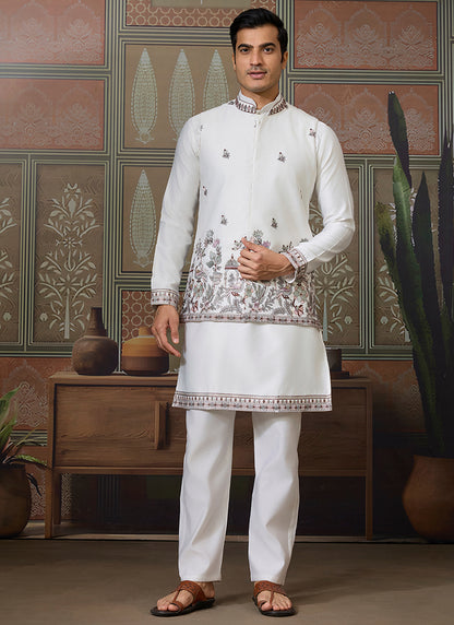 Silk White Occasional Wear Thread Work Readymade Kurta Pajama With Jacket 386340