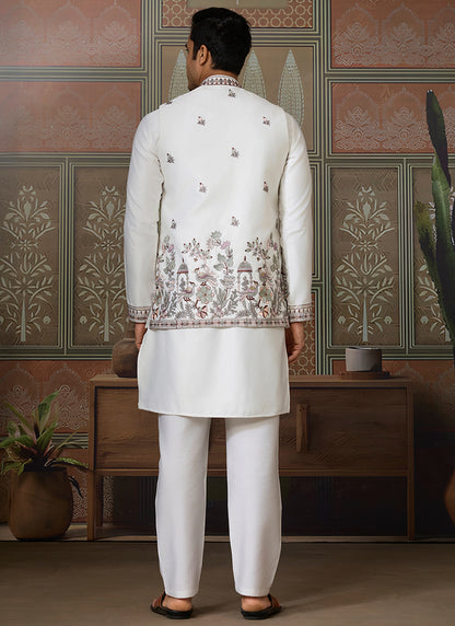 Silk White Occasional Wear Thread Work Readymade Kurta Pajama With Jacket 386340