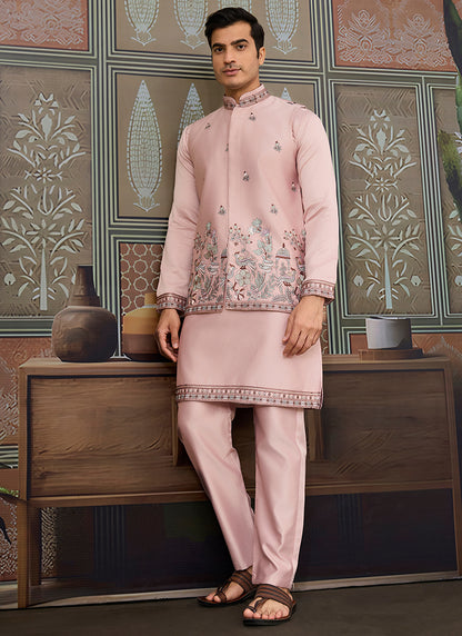 Silk Pink Occasional Wear Thread Work Readymade Kurta Pajama With Jacket 386341