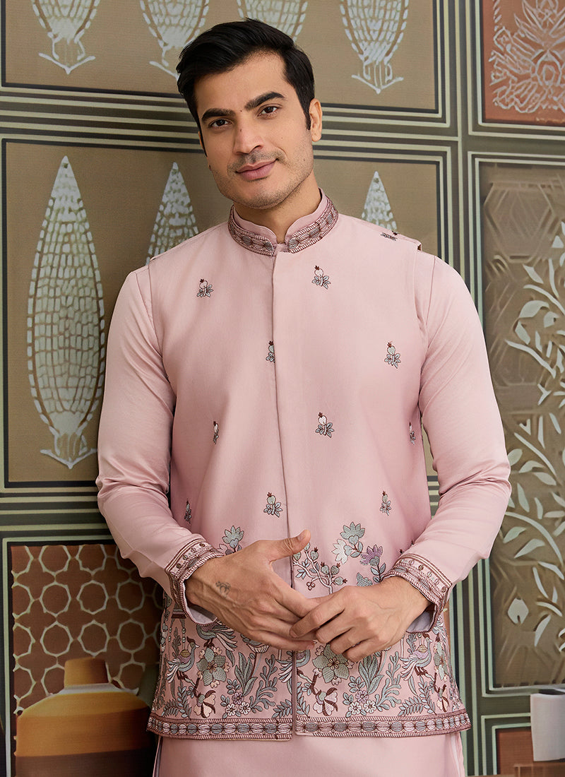 Silk Pink Occasional Wear Thread Work Readymade Kurta Pajama With Jacket 386341