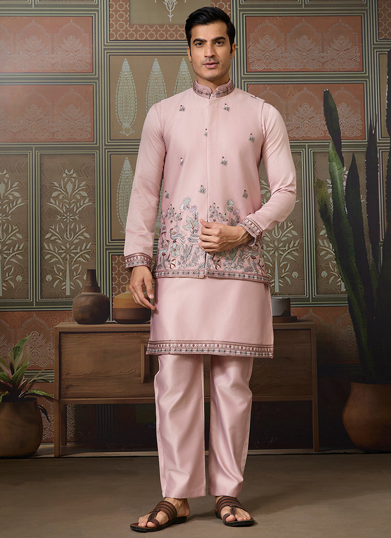 Silk Pink Occasional Wear Thread Work Readymade Kurta Pajama With Jacket 386341