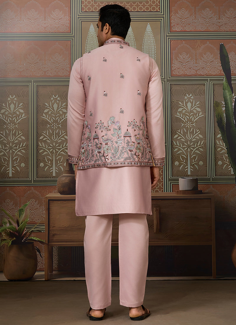 Silk Pink Occasional Wear Thread Work Readymade Kurta Pajama With Jacket 386341