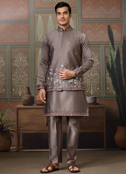 Silk Grey Occasional Wear Thread Work Readymade Kurta Pajama With Jacket 386342