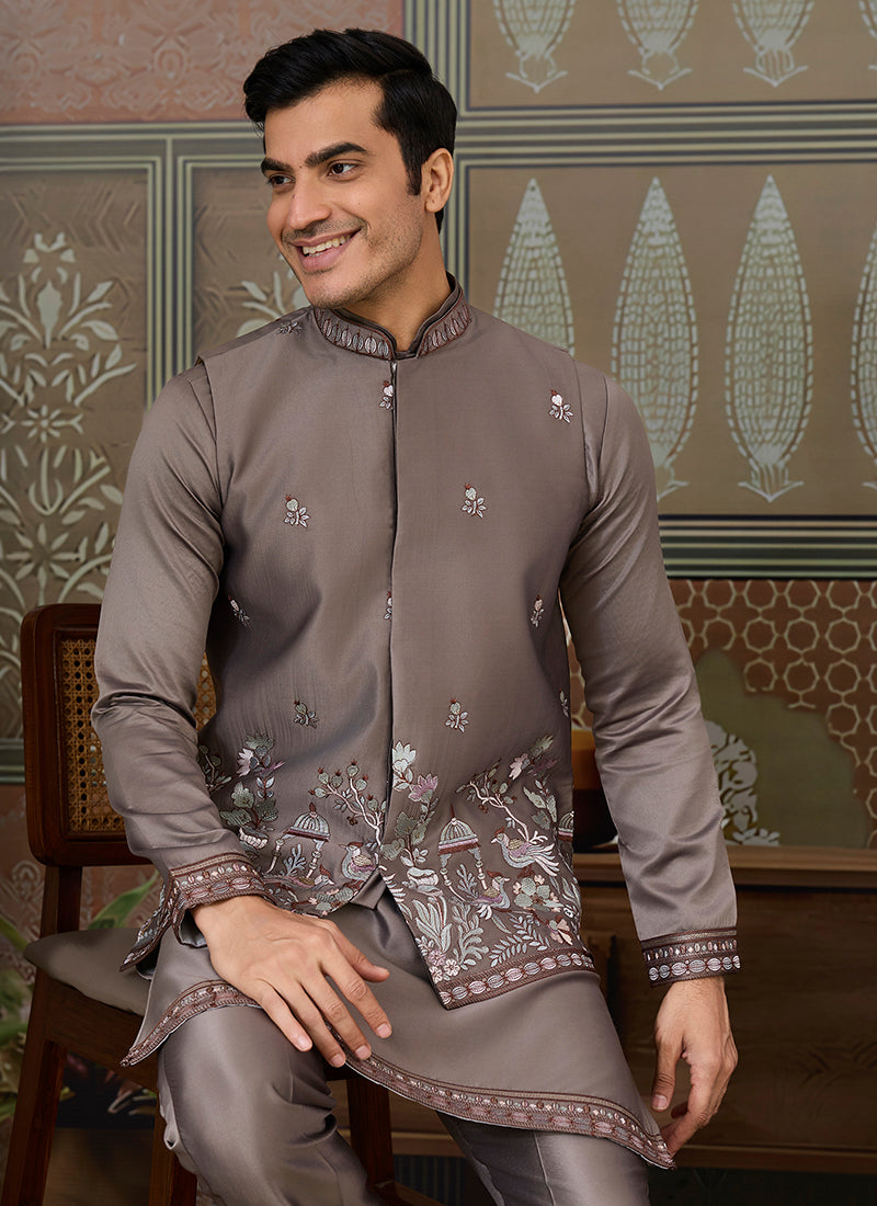 Silk Grey Occasional Wear Thread Work Readymade Kurta Pajama With Jacket 386342