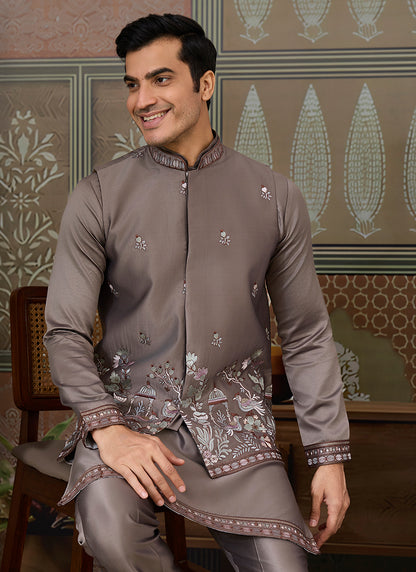 Silk Grey Occasional Wear Thread Work Readymade Kurta Pajama With Jacket 386342