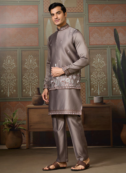 Silk Grey Occasional Wear Thread Work Readymade Kurta Pajama With Jacket 386342