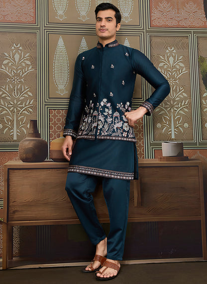 Silk Teal Blue Occasional Wear Thread Work Readymade Kurta Pajama With Jacket 386343
