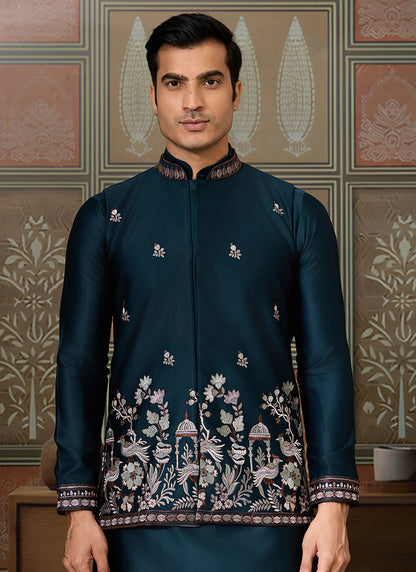 Silk Teal Blue Occasional Wear Thread Work Readymade Kurta Pajama With Jacket 386343