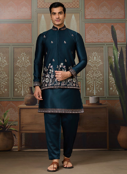 Silk Teal Blue Occasional Wear Thread Work Readymade Kurta Pajama With Jacket 386343