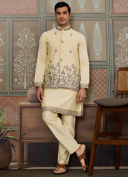 Silk Light Yellow Occasional Wear Thread Work Readymade Kurta Pajama With Jacket 386344