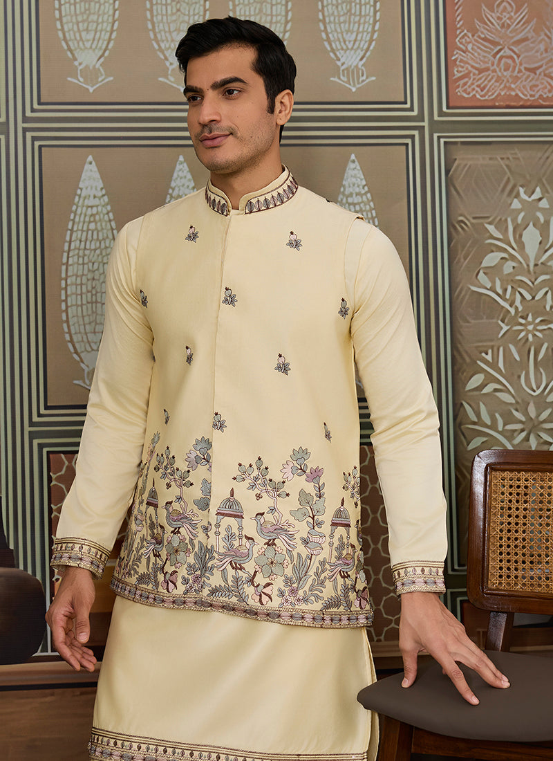 Silk Light Yellow Occasional Wear Thread Work Readymade Kurta Pajama With Jacket 386344