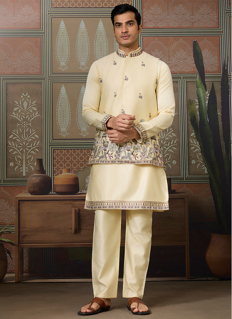 Silk Light Yellow Occasional Wear Thread Work Readymade Kurta Pajama With Jacket 386344