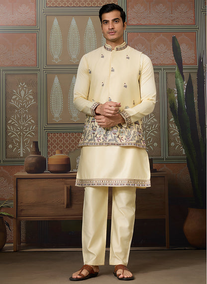 Silk Light Yellow Occasional Wear Thread Work Readymade Kurta Pajama With Jacket 386344