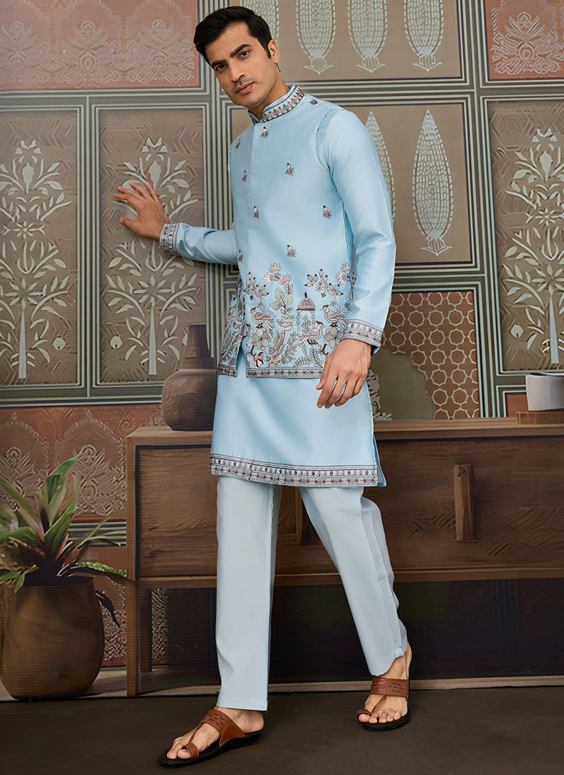 Silk Sky Blue Occasional Wear Thread Work Readymade Kurta Pajama With Jacket 386345