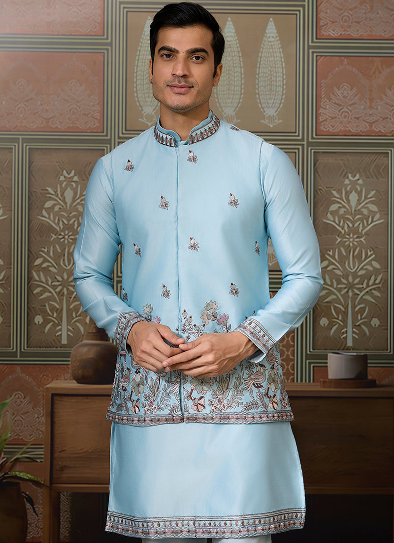 Silk Sky Blue Occasional Wear Thread Work Readymade Kurta Pajama With Jacket 386345
