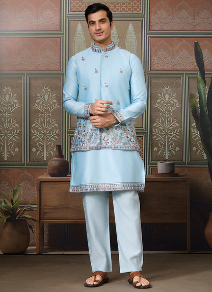 Silk Sky Blue Occasional Wear Thread Work Readymade Kurta Pajama With Jacket 386345
