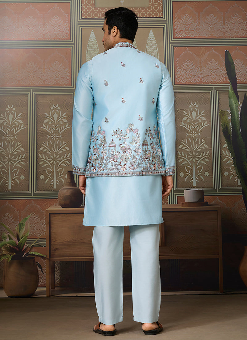 Silk Sky Blue Occasional Wear Thread Work Readymade Kurta Pajama With Jacket 386345