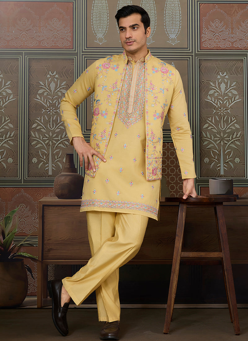 Viscose Silk Yellow Festive Wear Embroidery Work Readymade Kurta Pajama With Jacket