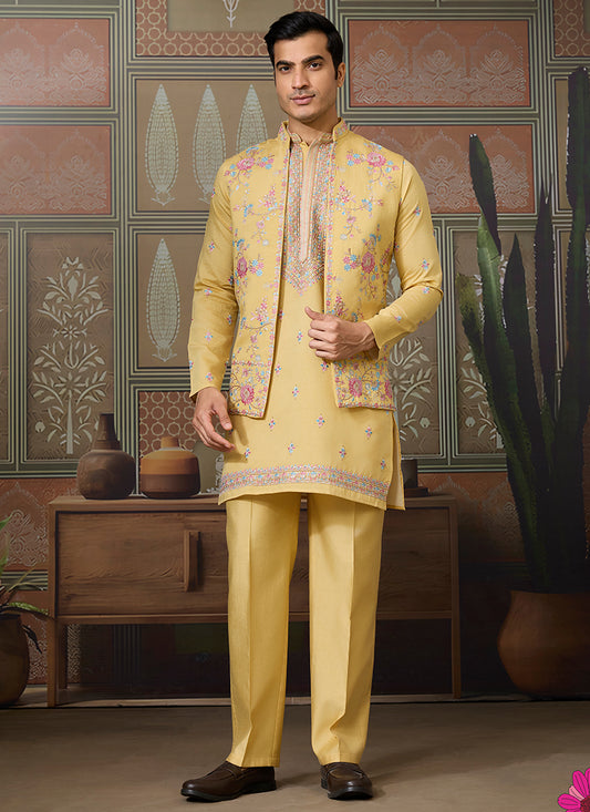 Viscose Silk Yellow Festive Wear Embroidery Work Readymade Kurta Pajama With Jacket