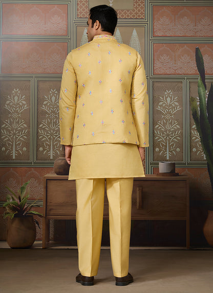 Viscose Silk Yellow Festive Wear Embroidery Work Readymade Kurta Pajama With Jacket