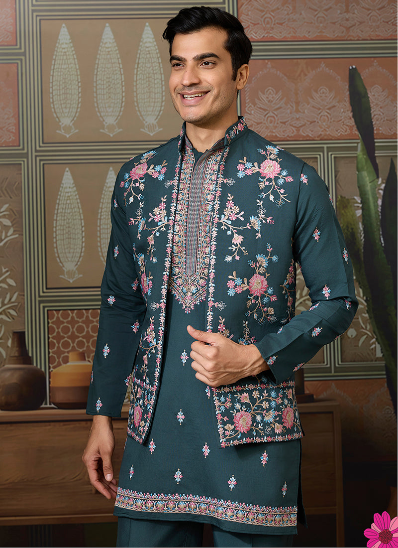 Viscose Silk Teal Festive Wear Embroidery Work Readymade Kurta Pajama With Jacket