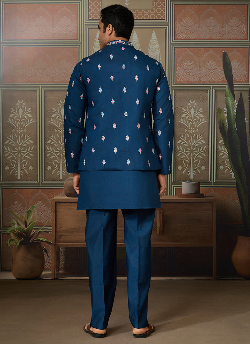 Viscose Silk Navy Blue Festive Wear Embroidery Work Readymade Kurta Pajama With Jacket