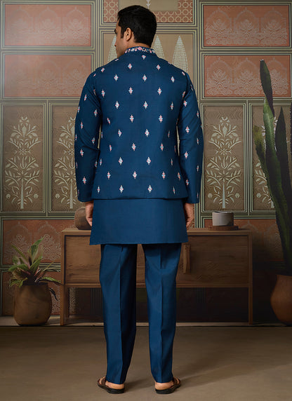Viscose Silk Navy Blue Festive Wear Embroidery Work Readymade Kurta Pajama With Jacket