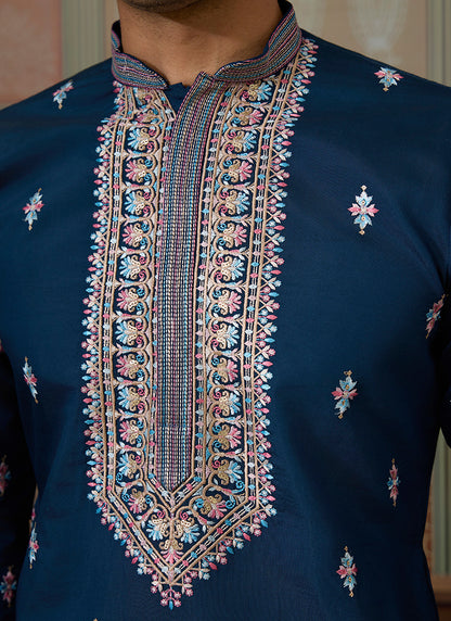 Viscose Silk Navy Blue Festive Wear Embroidery Work Readymade Kurta Pajama With Jacket