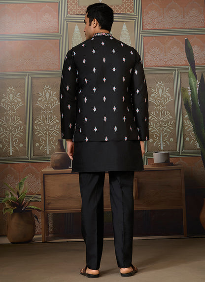 Viscose Silk Black Party Wear Embroidery Work Readymade Kurta Pajama With Jacket